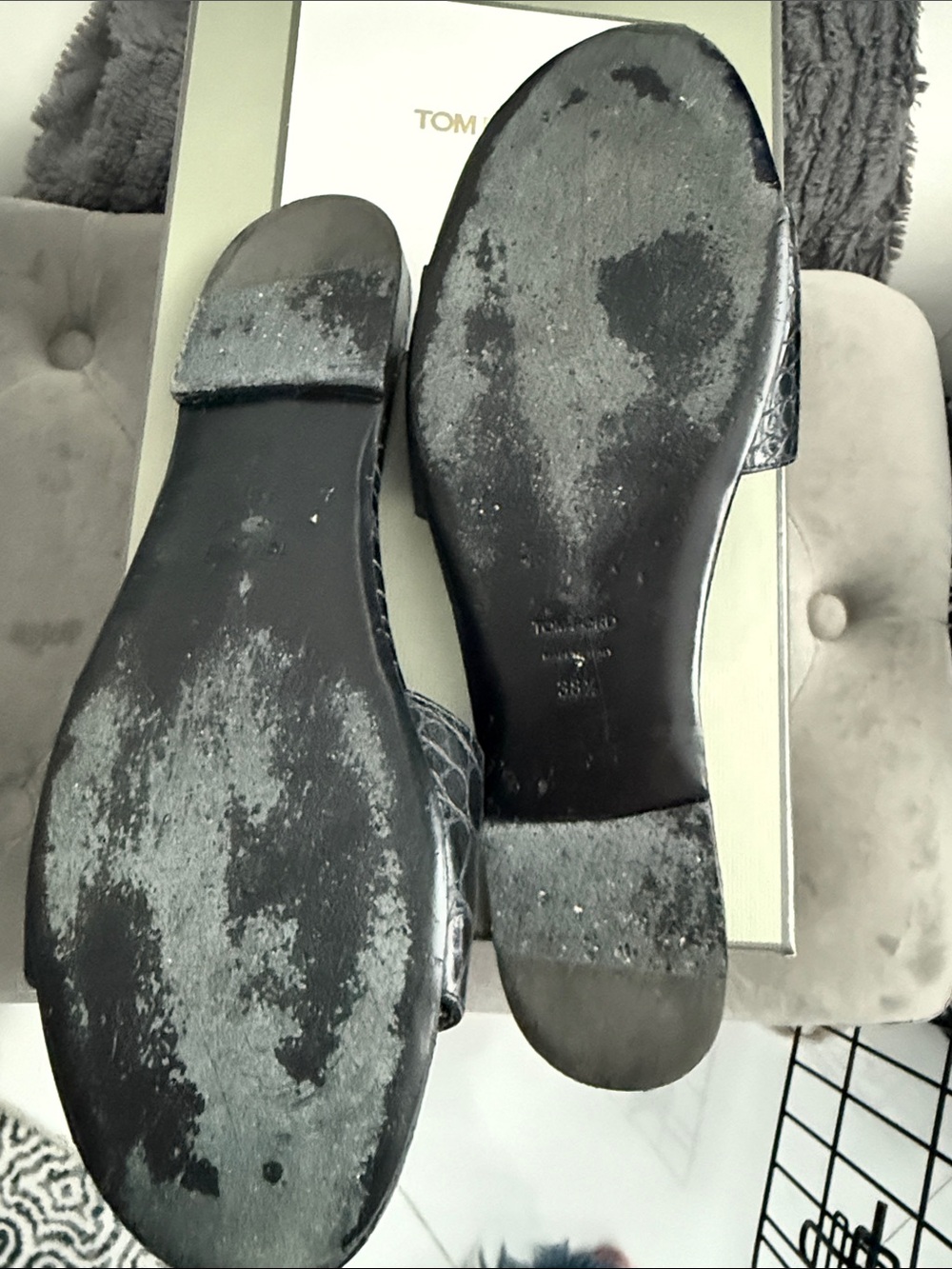 Tom Ford Black Croc-Embossed Slide Sandals with Gold TF Logo - Picture 9 of 14